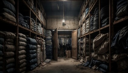 Poster - Interior of an old industrial warehouse with stacks of jeans and shirts