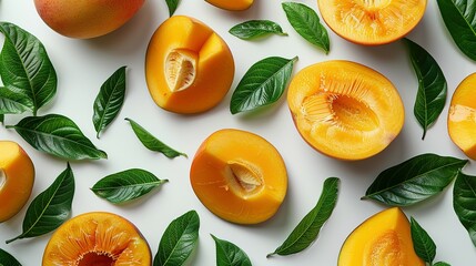 Wall Mural - Mango fruit and half with slices isolated on white background. Top view. Flat lay