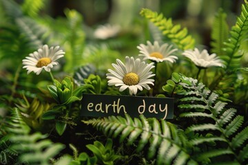 Wall Mural - Earth day sign nestled in lush greenery with blooming daisies, ferns, and succulents