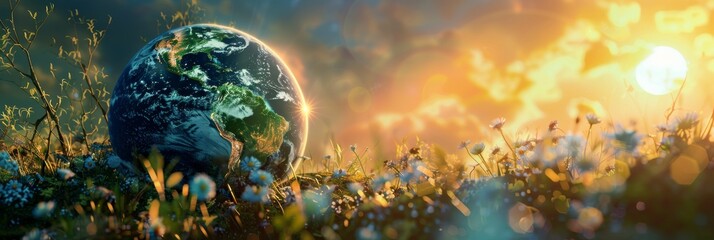 Wall Mural - globe on blooming field background with sun rays
