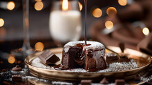 Close-up Of A Delicious Chocolate Lava Cake With Molten Chocolate Inside. Delicious Chocolate Fondant