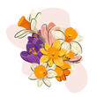 Bukiet kwiatów - żonkile, narcyzy i krokusy. Wiosenna kompozycja na białym tle. Ilustracja wektorowa.