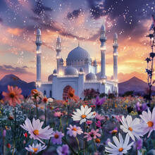 White Mosque In Spring Flower Field At Sunset