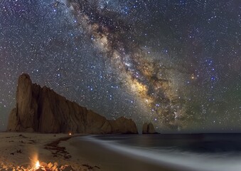 Stunning Milky Way over Rocky Beach and Gentle Sea Waves on a Clear Night