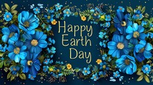 Happy Earth Day Greeting Card With Blue Flowers On Dark Blue Background
