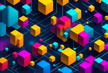 Blockchain concept banner. Isometric digital blocks connection