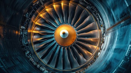 Fototapete - View the airplane's turbine engine in flight by zooming in. An aerial view of the plane showing the rotating propellers of the motors.