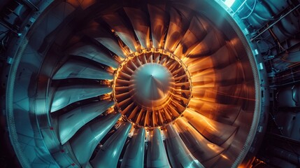 Fototapete - View the airplane's turbine engine in flight by zooming in. An aerial view of the plane showing the rotating propellers of the motors.