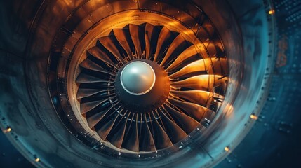 Fototapete - View the airplane's turbine engine in flight by zooming in. An aerial view of the plane showing the rotating propellers of the motors.