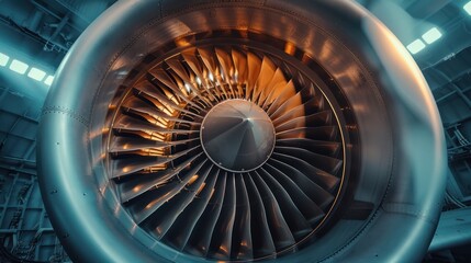 Fototapete - View the airplane's turbine engine in flight by zooming in. An aerial view of the plane showing the rotating propellers of the motors.
