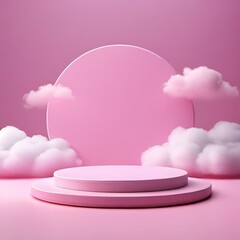 Wall Mural - Pink Plinth stage with Clouds. Podium background for Product display