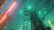 Power Grid Tower, cables, in a futuristic cityscape, glowing neon lights, 3D render, Backlights, Lens Flare