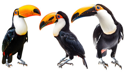 Wall Mural - Tropical toucan bird collection (portrait, sitting, flying) isolated on white background, animal bundle