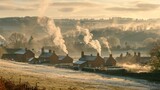 Fototapeta  - Quiet countryside landscape with smoke rising from chimneys. As the family gathers to relax after a busy Christmas season,