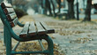 歩道沿いにある無人のベンチ。ローアングル