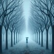Feelings of depression, sadness, loneliness, melancholy. Surreal word, nature, rows of leafless trees and lonely alone woman with umbrella in the center