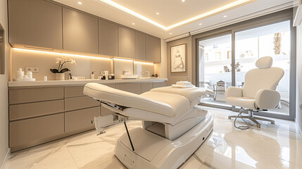 Modern Aesthetic Clinic Interior with Treatment Bed and Chair