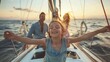 A young girl stands at the bow of a sailboat her arms spread wide as she closes her eyes and feels the cool breeze on her face. Her parents smile proudly from the back of