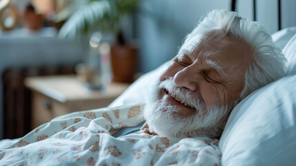 Happy senior man sleeping, taking a nap, smiling