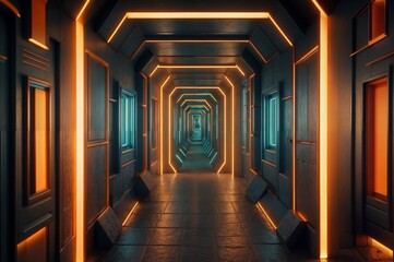 Poster - Futuristic corridor with glowing neon lights.