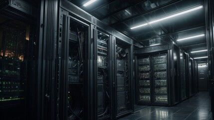 Poster - server room data center with racks and rows of server racks for digital data storage
