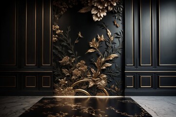Poster - Classic interior with black walls and floorrated with gold ornaments.