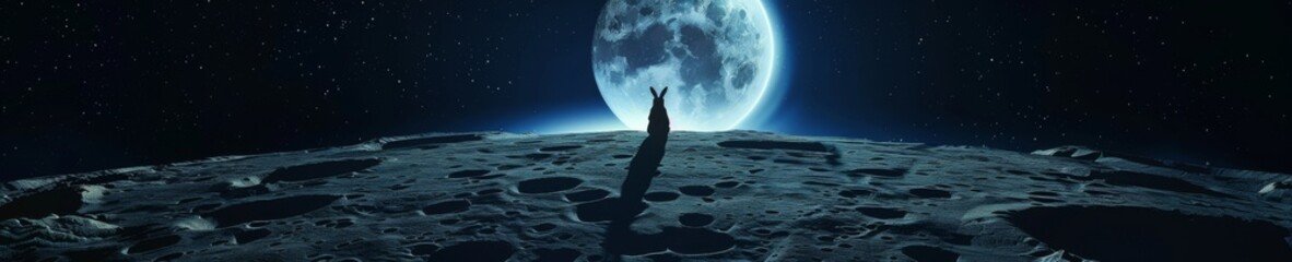 A detailed silhouette of a rabbit on the moons edge gazing at a luminous full Earth in the distance