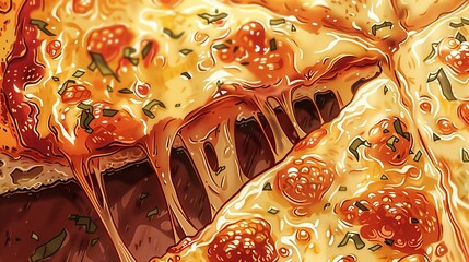 Wall Mural - Pizza Slice Close-Up: Illustration of a close-up view of a pizza slice with stretchy cheese and flavorful toppings, tempting viewers with its deliciousness.