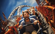 © sangmyeong - Happy tourist opens arms, cheers, fastens seat belt and rides roller coaster.