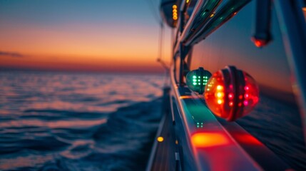 Wall Mural - A closeup of the back end of a yacht displaying its stern with its carefully p navigation lights. The lights both red and green can be seen against the slight ripple of the