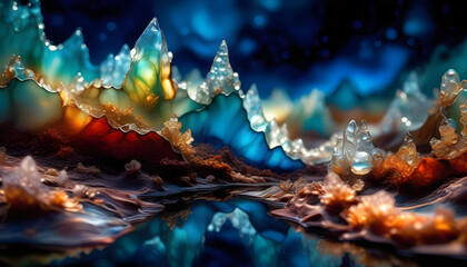 Wall Mural - A landscape with crystal structures and glowing plants, with a pink and purple sunset 