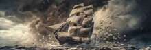 A Large Sailing Ship Is Braving The Storm, The Sky And Sea Were Dark Gray. The Wind Was Blowing Away All Of Their Sails