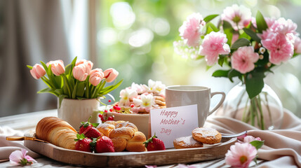 A tray filled with a delectable assortment of pastries sits alongside a colorful arrangement of fresh flowers on a rustic table,Mother`s Day concept, breakfast in bed