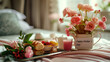 A tray of delectable food resting on a cozy bed adorned with vibrant flowers, creating a picturesque scene of indulgence and relaxation,Mother`s Day concept, breakfast in bed