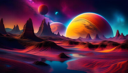 Wall Mural - A digital art piece depicting an otherworldly planet with purple 