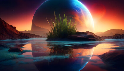 Wall Mural - A digital art piece of a planet with a frosty and cracked surface, with water reflecting