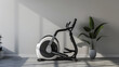 A virtual reality integrated elliptical machine cross trainer placed against a light grey wall, offering users an immersive workout experience.