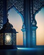 A lantern with light inside, Blurred background of beautiful mosque architecture building. copy space is suitable for Eid Mubarak greetings or something like that. Generative AI