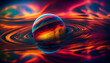 A digitally created abstract planet with vibrant colors with a reflection in water