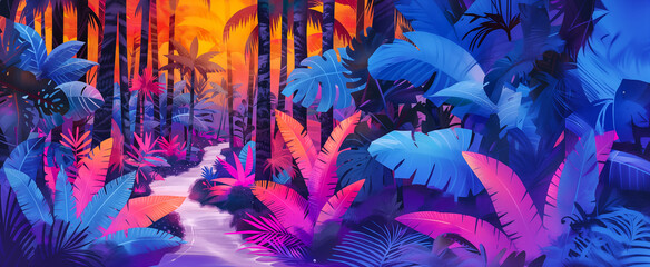 Tropical forest hike trail, colorful neon nature purple palm tree background with orange sunset. Active lifestyle with jungle adventure trek, exercising outdoors among pink and blue banana leaves