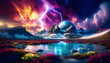 A digital art piece of a planet with icy terrain and surreal, colorful flora, with dramatic clouds in the sky