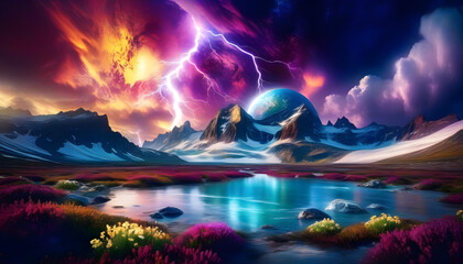Wall Mural - A digital art piece of a planet with icy terrain and surreal, colorful flora, with dramatic clouds in the sky
