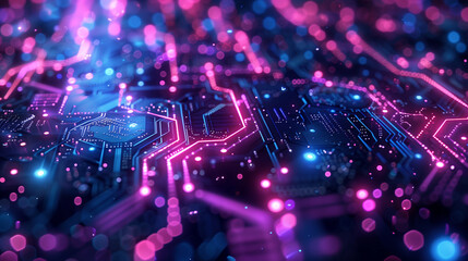 Abstract expression of digital connectivity, featuring circuit-like patterns and vibrant neon lights to symbolize the digital age, purple and blue is main color, close up