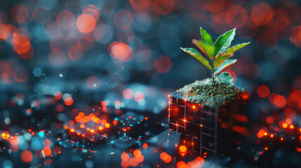 Poster - Plant growing from the cubic digital AI. Ecology and environment concept.ai generative