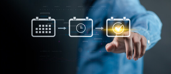 Agenda meeting appointment activity information concept. Businessman touch event planner timetable agenda plan on virtual screen for schedule event management.