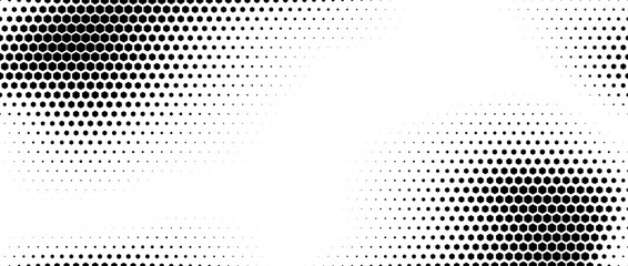 Poster - Hexagon halftone gradient texture. Abstract black grunge background. Geometric retro halftone tech overlay. Fading wavy hexagonal pattern backdrop. Vector vanishing honeycomb grunge bitmap wallpaper