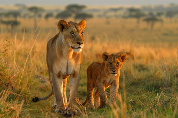 Poster - lion cub walking  with mother