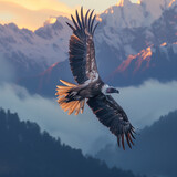 Fototapeta Zwierzęta - Himalayan griffon vulture flying with snow mountain background