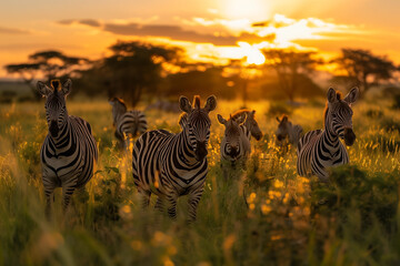 Wall Mural - Herd of zebra in the evening