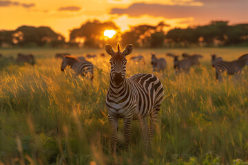 Wall Mural - Herd of zebra in the evening